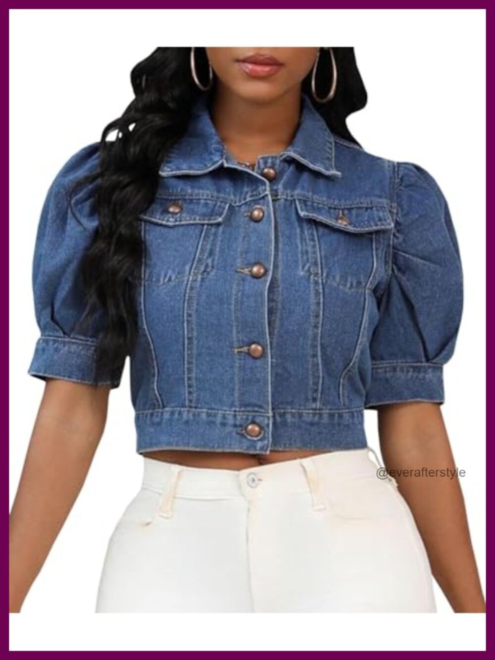 Cropped Denim Jacket Puff Short Sleeve Button Down Summer Women